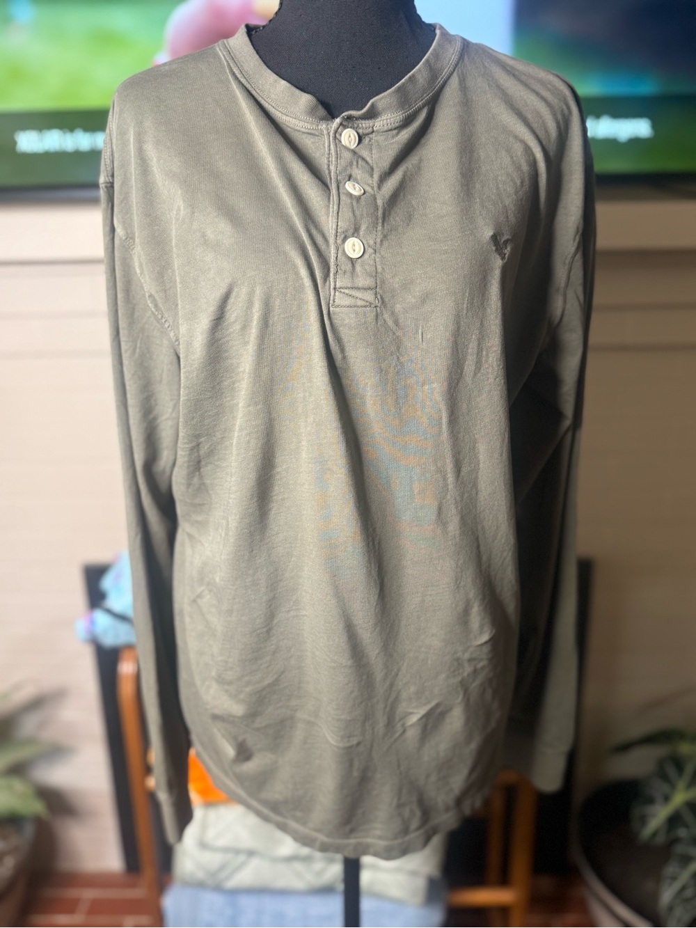 American Eagle Outfitters Olive Long-Sleeve Henley Shirt